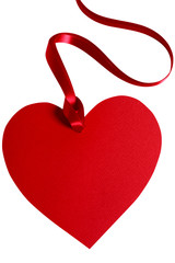 Valentine gift tag card red heart shape with curly ribbon isolated on white background photo