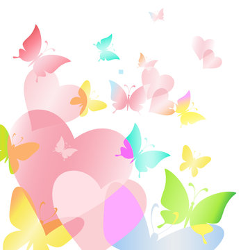  Vector illustration of bright  rainbow  butterflies and hearts.