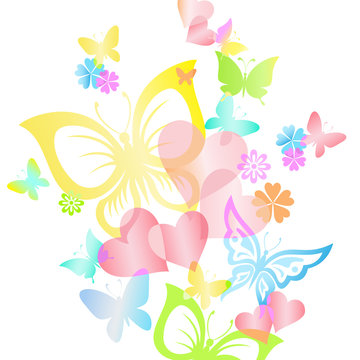 Vector illustration of bright  rainbow  butterflies and hearts.