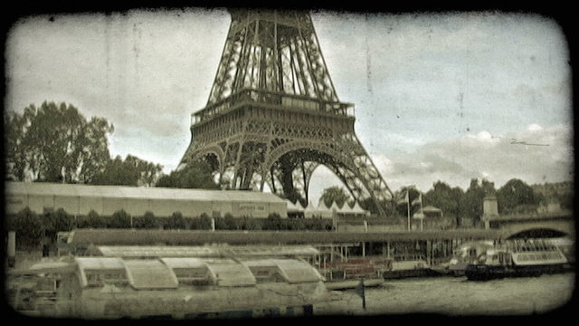 Eiffel Tower and Sienne. Vintage stylized video clip.