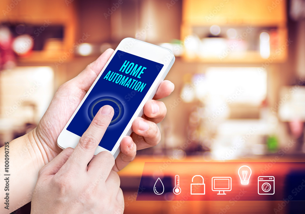 Poster hand holding smart phone with home control application with blur