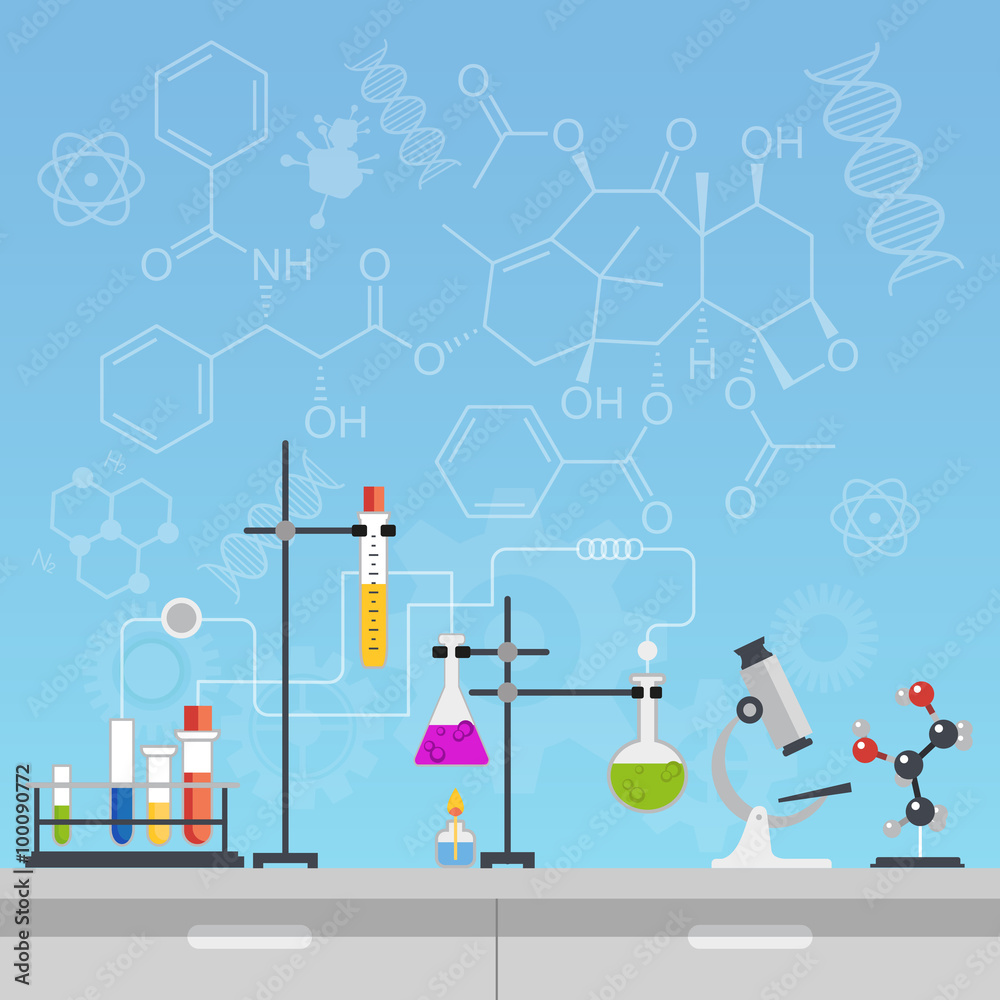 Poster Chemical laboratory science and technology flat style design vector illustration. Workplace tools concept with formulas.