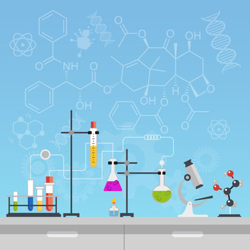 Chemical laboratory science and technology flat style design vector illustration. Workplace tools concept with formulas.