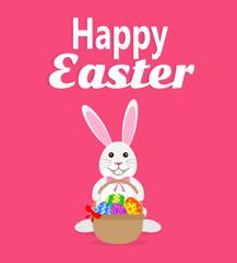 easter bunny rabbit holding basket with eggs. happy easter greeting card