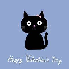 Cute cartoon cat girl with bow. Flat design style. Happy Valentines day card. Rose quartz serenity color background