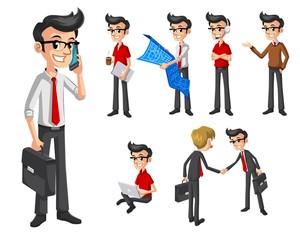 Set of Modern Businessman in Various Poses Cartoon Character Vector Illustration