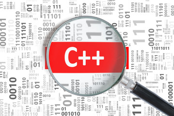 Software development concept. C++ (C plus plus) programming language magnifying glass in binary code. - obrazy, fototapety, plakaty
