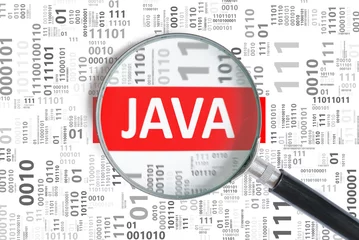 Foto op Plexiglas Software development concept. Java programming language inside magnifying glass in binary code. © vchalup