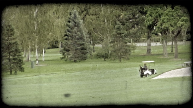 People driving golf carts. Vintage stylized video clip.