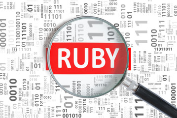 Software development concept. Ruby programming language inside magnifying glass in binary code.