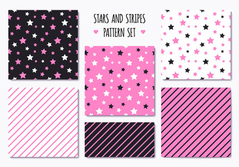 Set of pink patterns with stripes and stars