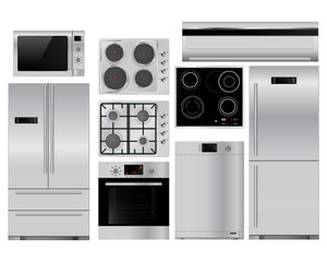 Home appliances. Set of household kitchenware, Microwave and ele