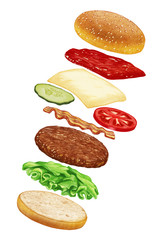 Food set for Cheeseburger. Hand-drawn illustration, digitally colored.