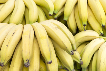 Bunches of ripe yellow bananas stacked in a pile at an outdoor farmers market for tropical fruit in Rio de Janeiro Brazil