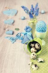 Fototapeta na wymiar Easter arrangement with hyacinth and green decorations, text spa
