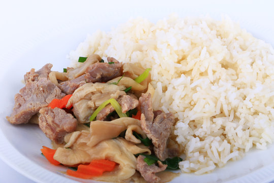 Rice and Fried beef with oyster sauce on white dish, isolated
