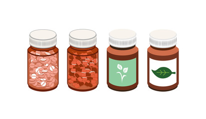 Vector image of four tablet bottles, two with different shaped pills, two with labels with leaves
