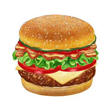 Cheeseburger. Hand-drawn illustration, digitally colored. 