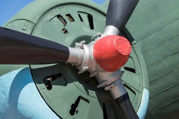 big propeller motor of the old plane closeup