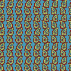 Colorful squared background - ornamental seamless pattern with paisley motif.  Design for fabric, wrapping paper, templates, brochure.