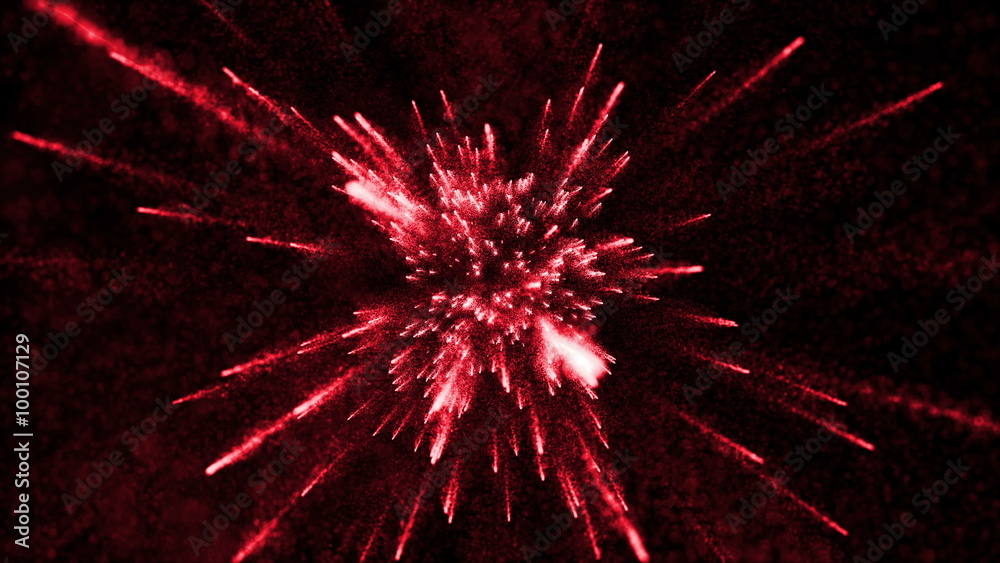 Poster abstract particle background with elemets passing from far center point towards to camera