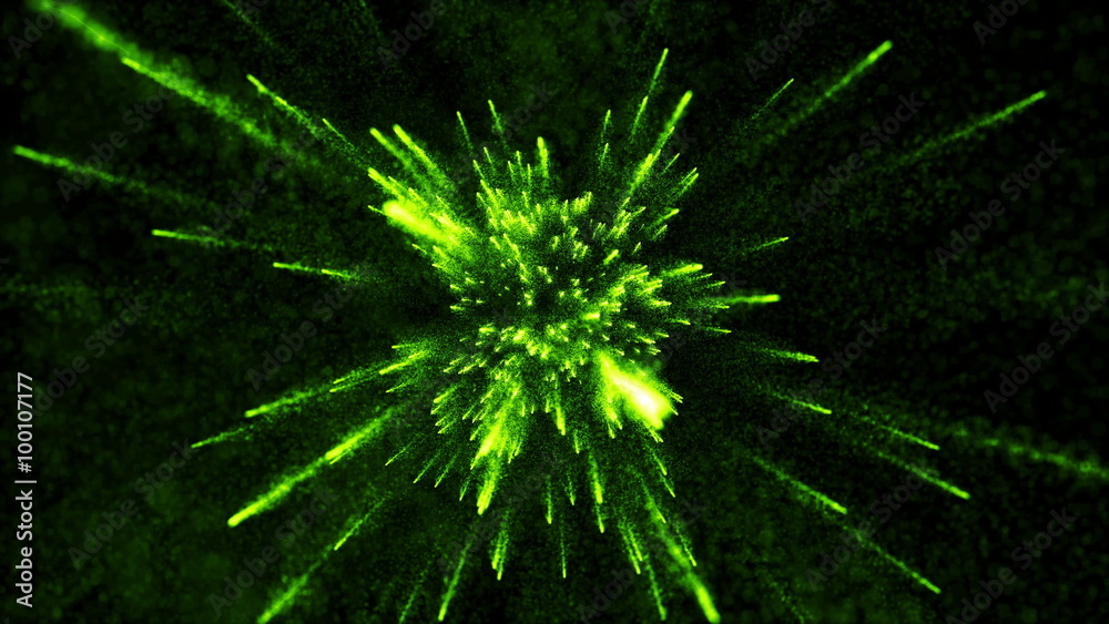 Poster abstract particle background with elemets passing from far center point towards to camera