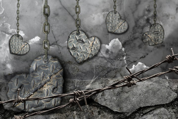 dark toned background hearts of steel with scratches hanging on