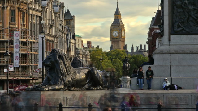 Panning time-lapse shot at Trafalgar Square circa October 2011 in London