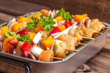 Raw beef skewers ready for grilling