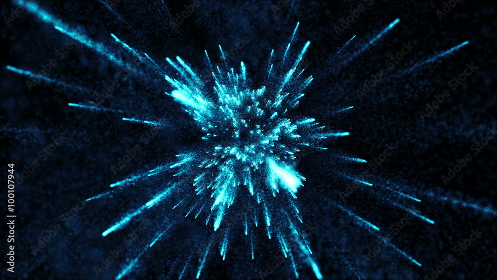 Poster abstract particle background with elemets passing from far center point towards to camera