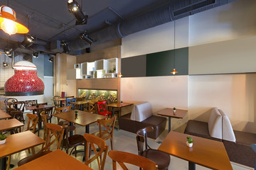 Interior of a restaurant with wood fired oven