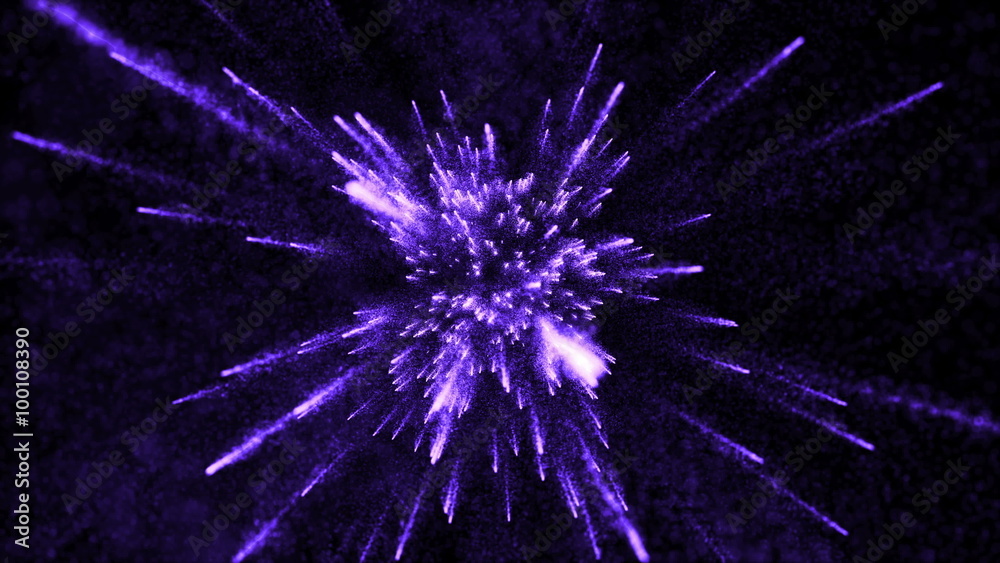 Poster abstract particle background with elemets passing from far center point towards to camera