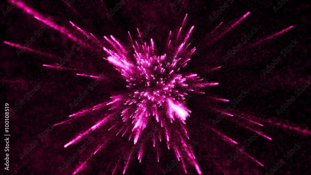Poster abstract particle background with elemets passing from far center point towards to camera