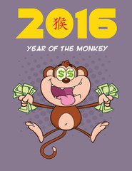 Rich Monkey Cartoon Character Jumping With Cash Money 