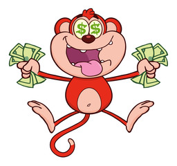 Red Monkey Character Jumping With Cash Money and Dollar Eyes