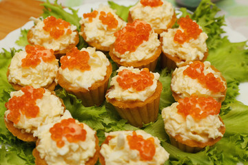 tartlets with red caviar and cheese appetizer