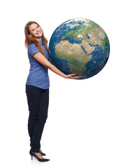 Woman in full length holding earth globe