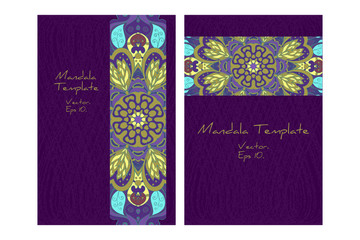 Set of deep purple templates with abstract round colored eastern pattern in pale, blue, and violet colors. Suitable for brochure, book cover, invitations.