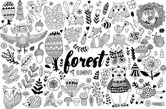 Vector Forest Elements In Doodle Childish Style