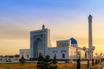 Big white mosque Minor in Tashkent at sunset, Uzbekistan