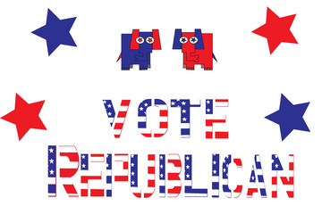 Vote Republican in red, white and blue letters with elephant mascot on white.