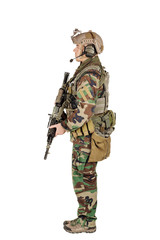 Ranger standing in woodland camouflage and modern machine gun. I