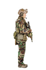 Ranger standing in woodland camouflage and modern machine gun. I