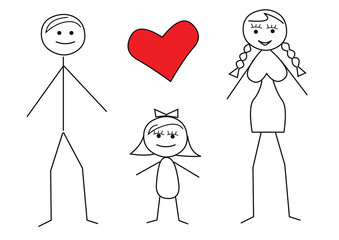 Childlike drawing of stickman father, mother and little girl. Happy family concept.