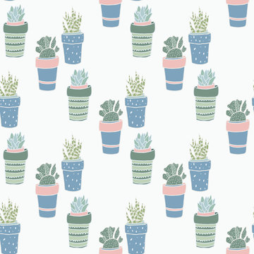 Cute Hand Drawn Succulent In Pots. Seamless Vector Pattern.