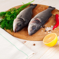 Two fresh sea bass on a white background. 