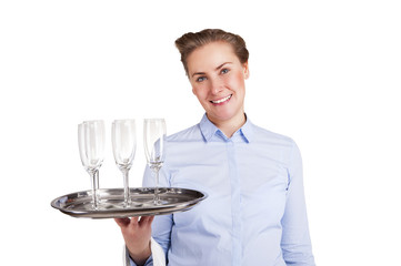 Woman in waiter uniform holding tray with glasses, smiling, isol