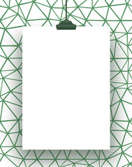 One hanged rectangular frame with clip on green geometric mesh background 