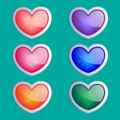 Heart buttons set, app icons with different color textures.