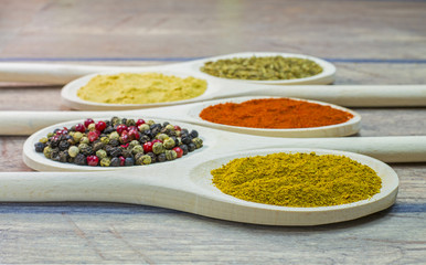 Spices on wooden spoon